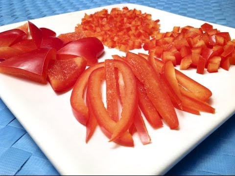How to Cut a Bell Pepper (diced, cut into strips, triangles and brunoise) (HD)
